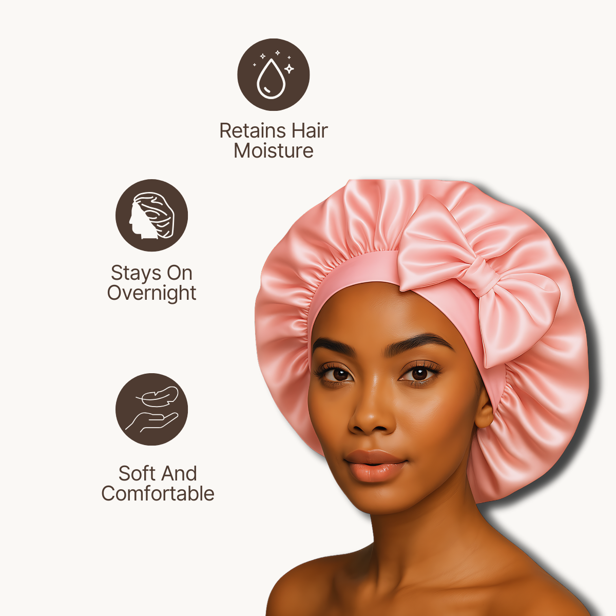 Woman wearing a pink satin bonnet with features listed on the left.