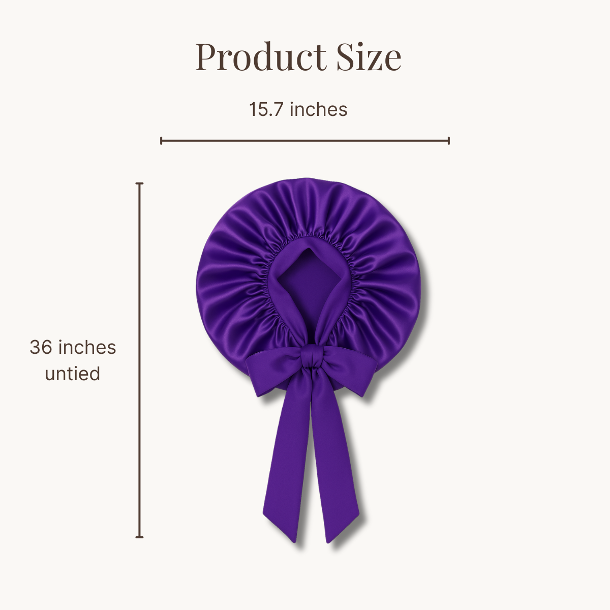 Purple satin bonnet with measurements on a white background